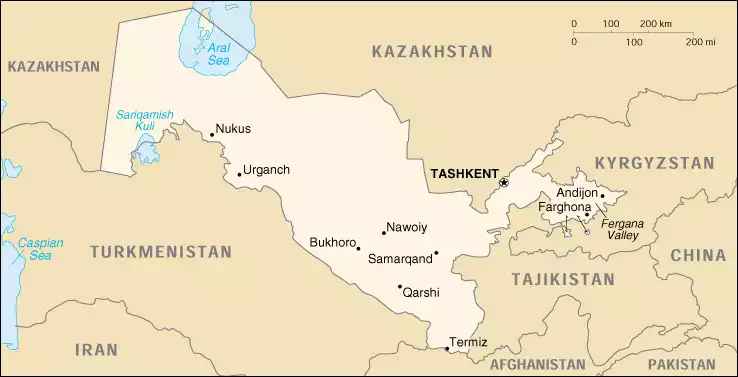 The Republic of Uzbekistan map